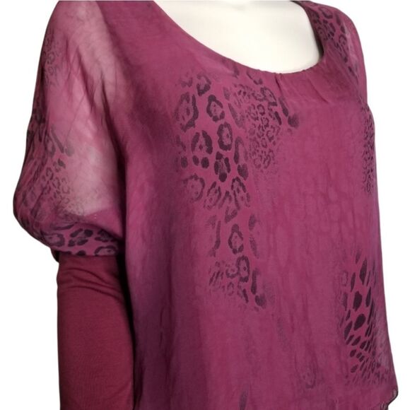 Made in Italy Women's Maroon Layered Sheer Top 3/4 Sleeve - Picture 2 of 15